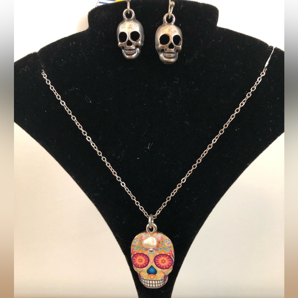 Sugar Skull Necklace with Matching Earrings Set